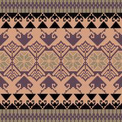 Earthy Tone Traditional Embroidery Art Abstract with Pixel Art Designs for Textile Print