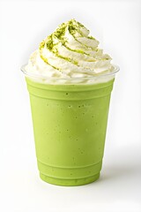 Iced Matcha Frappé with Whipped Cream in a Clear Cup. Green iced matcha frappé served in a clear 16 oz cup, topped with a generous swirl of whipped cream and a dusting of matcha powder. 