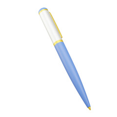 3D illustration of a modern ballpoint pen with blue and yellow design, ideal for stationery, writing, office, and school supplies. Clean and minimalist style.