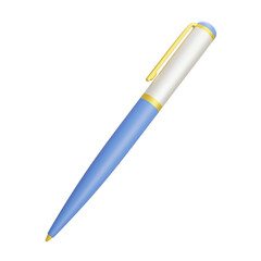 3D illustration of a modern ballpoint pen with blue and yellow design, ideal for stationery, writing, office, and school supplies. Clean and minimalist style.
