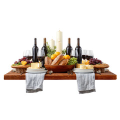 Naklejka premium Elegant Dinner Table Setting with Wine, Cheese, Fruits, and Candles for a Cozy Gathering Atmosphere