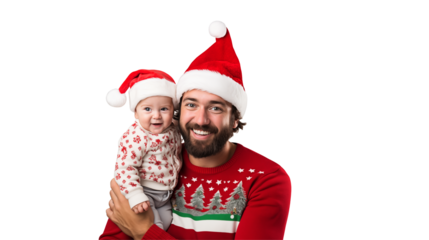 A smiling father holding his baby daughter both wearing santa hats and christmas sweaters on transparent background