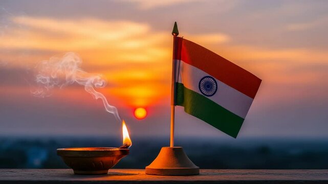 Burning oil lamp next to Indian flag at sunset, celebrating Indian Independence Day
