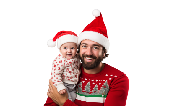 A smiling father holding his baby daughter both wearing santa hats and christmas sweaters on transparent background