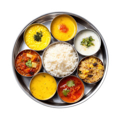 Traditional Indian Thali with Variety of Dishes Served on Steel Plate with Rice and Condiments