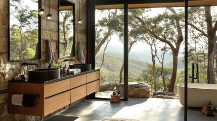 Luxurious bathroom with panoramic views of the landscape.