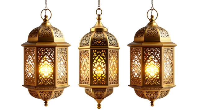 Ornate Moroccan-style brass lantern with intricate geometric patterns and warm glowing light suspended, isolated on a transparent background - Powered by Adobe