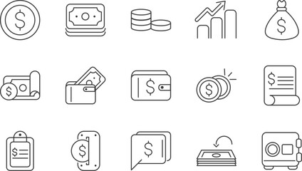 Finance Icons Money, Wealth, Investment, Banking, and Business Line Art Graphics Set - 666.eps Compatible