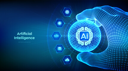 AI digital brain circuit board icon. Artificial Intelligence in the shape of sphere with hexagon pattern in hand. Machine Learning technology concept. Big data. Neural network. Vector illustration.