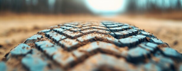 A tire track deeply imprints upon sandy ground in a blurred forest road.