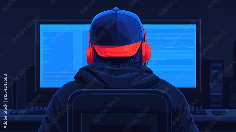 Poster Hacker in hoodie coding at night with headphones in a dark computer room