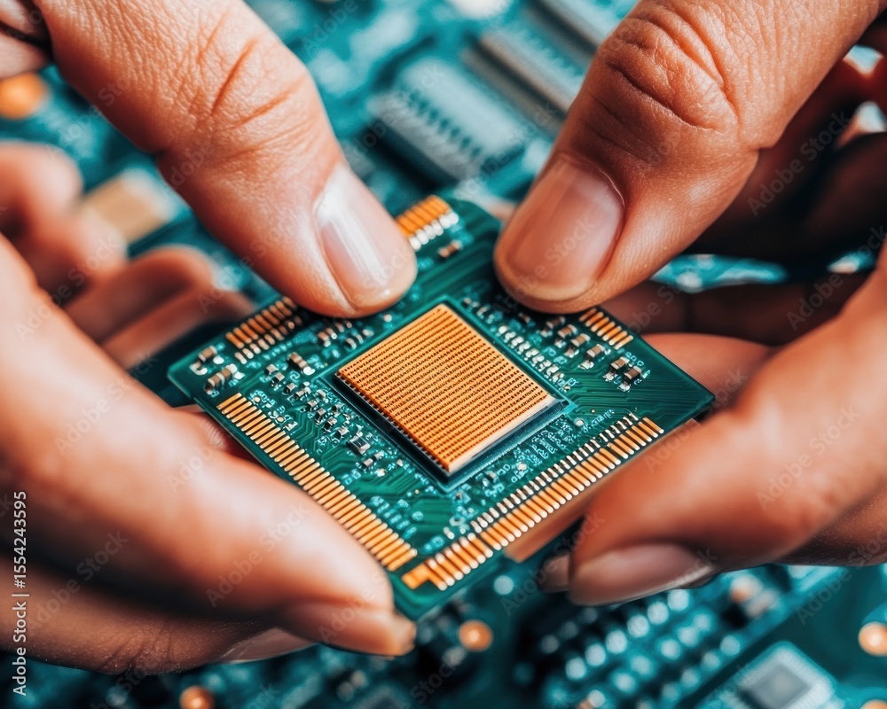 Aufkleber Technician delicately handles a computer processor over circuit board surface.