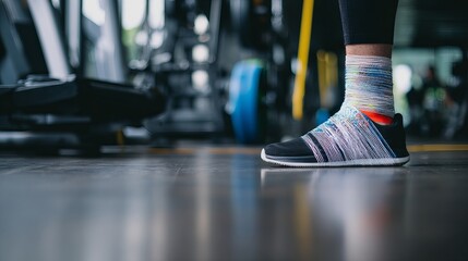 Athlete with injured ankle wrapped in medical tape during workout, sports injury treatment and recovery concept, fitness and healthcare theme.