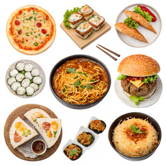 A set of popular international foods including pizza, sushi, biryani, tacos, pasta, burgers, ramen, falafel, curry, and dumplings, each isolated on a transparent background.