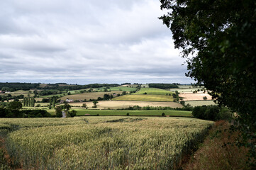 Open countryside with fields, hedgerows, and rolling hills under a cloudy sky. A calm rural scene...