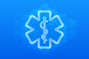 Emergency medical services icon. Emergency call. Online medical support. Medicine and healthcare application. Molecular structure. Blue medical background with hexagons. Vector illustration.