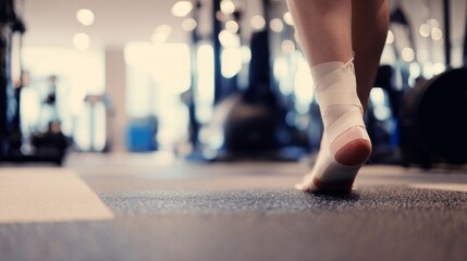 Athlete with injured ankle wrapped in medical tape during workout, sports injury treatment and recovery concept, fitness and healthcare theme.