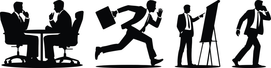 Business meeting silhouette vector set with office worker, running, talking, and presentation poses