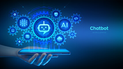 Chatbot. Using Chatbot app on smartphone. Smart assistant. Chatbot assistant conversation. AI. Artificial Intelligence and mobile technology concept. Neural network. AI agent. Vector illustration.