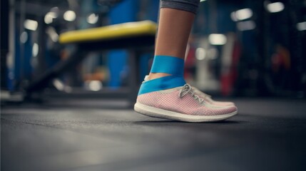 Athlete with injured ankle wrapped in medical tape during workout, sports injury treatment and recovery concept, fitness and healthcare theme.