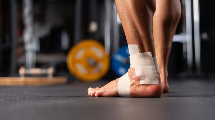 Naklejka premium Athlete with injured ankle wrapped in medical tape during workout, sports injury treatment and recovery concept, fitness and healthcare theme.