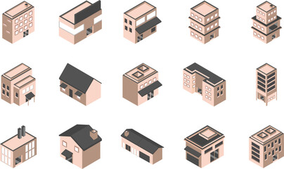 Isometric vector icon set of urban architecture, real estate, and city construction design