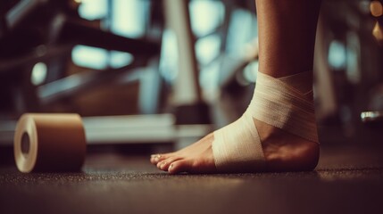 Athlete with injured ankle wrapped in medical tape during workout, sports injury treatment and recovery concept, fitness and healthcare theme.