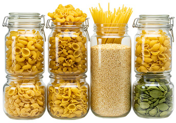 Assortment of dry pasta and grains in glass jars isolated on transparent background