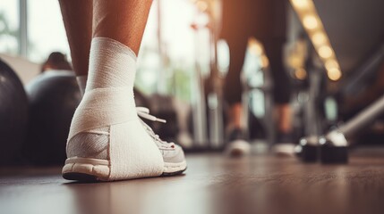 Athlete with injured ankle wrapped in medical tape during workout, sports injury treatment and recovery concept, fitness and healthcare theme.