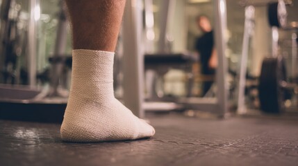 Athlete with injured ankle wrapped in medical tape during workout, sports injury treatment and recovery concept, fitness and healthcare theme.