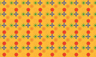 Yellow Background Red Blue Green Flower Star Pattern