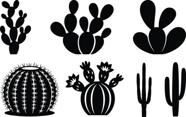 Cactus silhouette vector set with different desert plant shapes, round and tall cactus for decoration