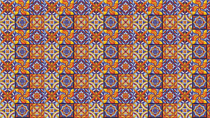 Colorful patterned tiles in a repeating square grid with floral and geometric designs throughout image