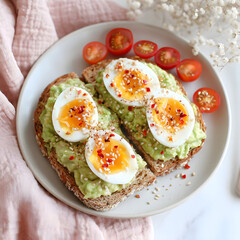 Avocado Toast with Soft Boiled Egg and Cherry Tomatoes &ndash; Pastel Minimal Food Composition