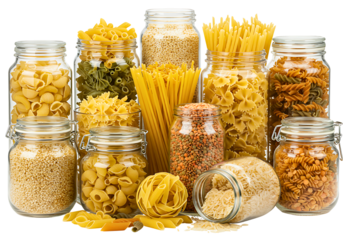 Assortment of dry pasta and grains in glass jars isolated on transparent background