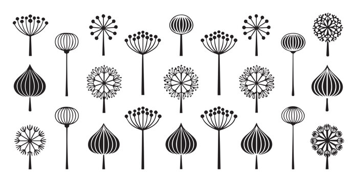 Collection of black and white botanical illustrations silhouette