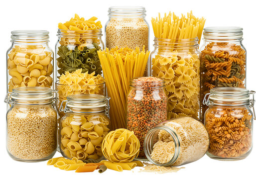 Assortment of dry pasta and grains in glass jars isolated on transparent background