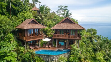 Luxurious wooden villas with private pools perched on a hillside overlooking the ocean.