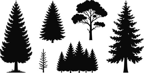 Fototapeta premium Pine tree and forest silhouette vector set with different tree shapes for nature, park, and landscape decoration