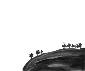 Ink and wash painting of mountains and trees