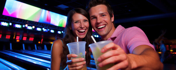 Couple enjoying drinks and smiles in a vibrant bowling alley during an evening outing