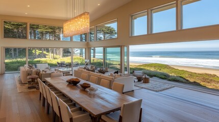 Fototapeta premium Spacious coastal dining room with panoramic ocean views.