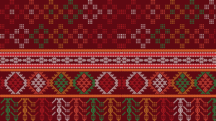 Intricate pixelated textile pattern with geometric shapes and rich burgundy background color scheme