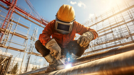 Worker in protective gear performs welding at a sunny construction site. Sparks fly from the metal pipe being joined.