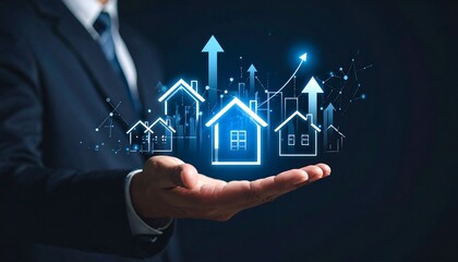 Real Estate Growth: A businessman presents rising home values and investment opportunities in the property market.