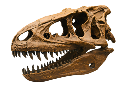 Detailed tyrannosaurus rex skull fossil with sharp teeth 