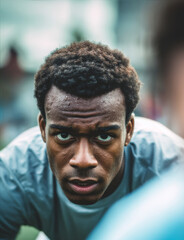 Close-up of a football player in mid-air, making a decisive kick towards the goal, showcasing intense focus and athleticism in a competitive sports moment. Dynamic action and determination