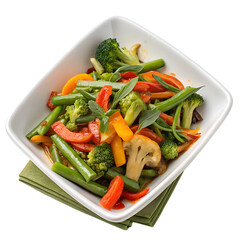 Stir fried vegetables in white dish isolated or PNG background for food menu, food background, kitchen, cooking and etc.