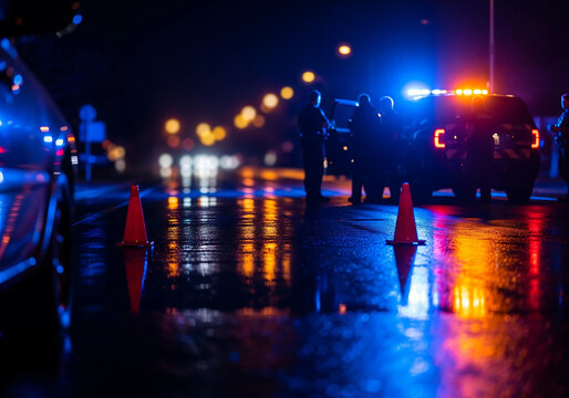 Police Checkpoint at Night with Officers Checking for Drunk Drivers on Busy Road with Flashing Lights &ndash; DUI Enforcement Scene