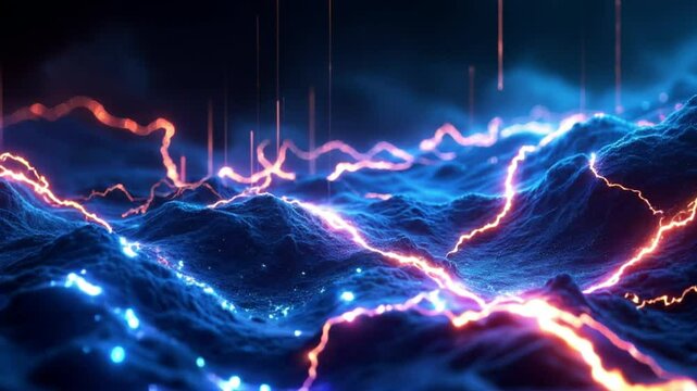 Abstract electric blue lightning flash illuminates the dark night sky with explosive digital energy and glowing lines 4k unique Abstract video